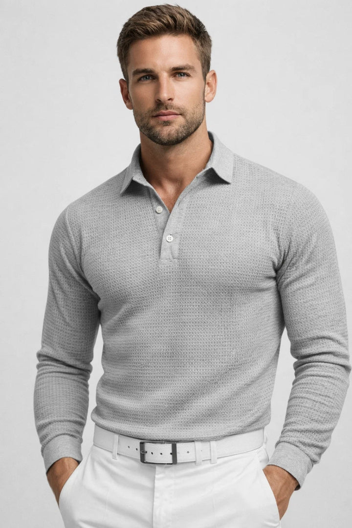 Men's Long Sleeve Waffle Knit Polo Shirt | Light Grey