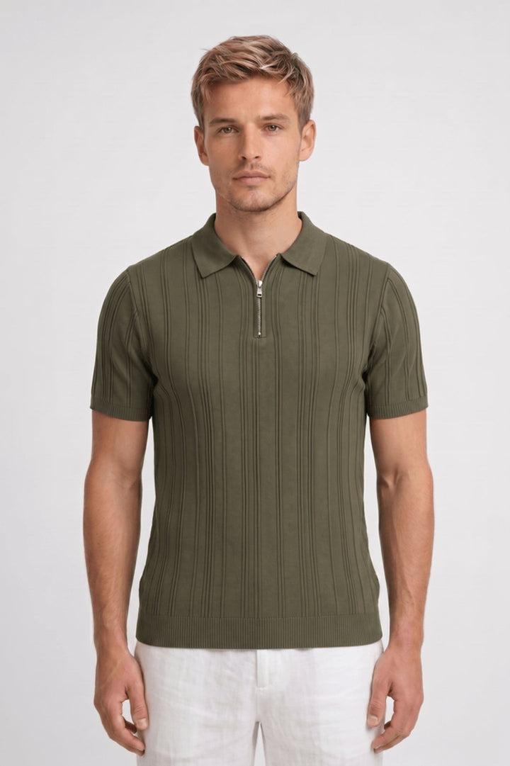 Men's Zip-Up Polo Shirt | Short Sleeve, Ribbed Knit & Classic Collar