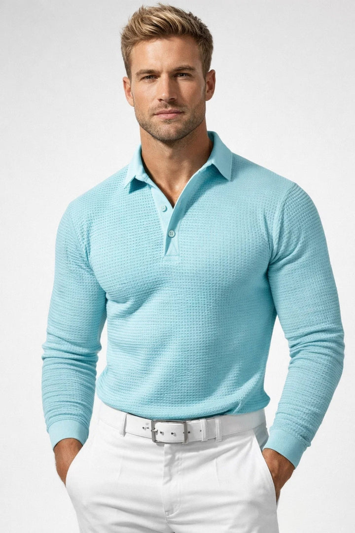 Men's Long Sleeve Waffle Knit Polo Shirt | Light Grey