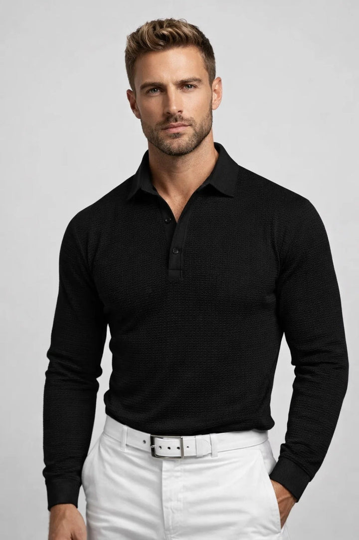 Men's Long Sleeve Waffle Knit Polo Shirt | Light Grey