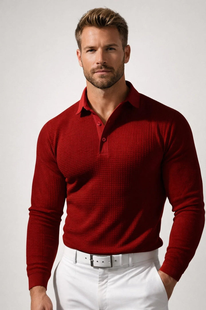 Men's Long Sleeve Waffle Knit Polo Shirt | Light Grey
